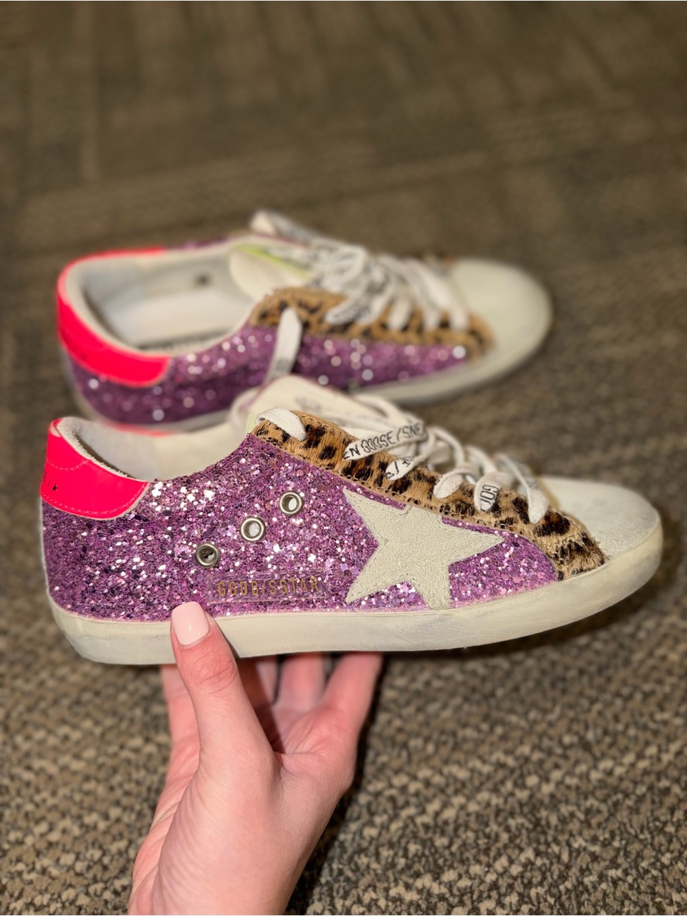Golden Goose Women’s Purple Glitter & Leopard Trim Superstar Sneakers - Picture 3 of 5